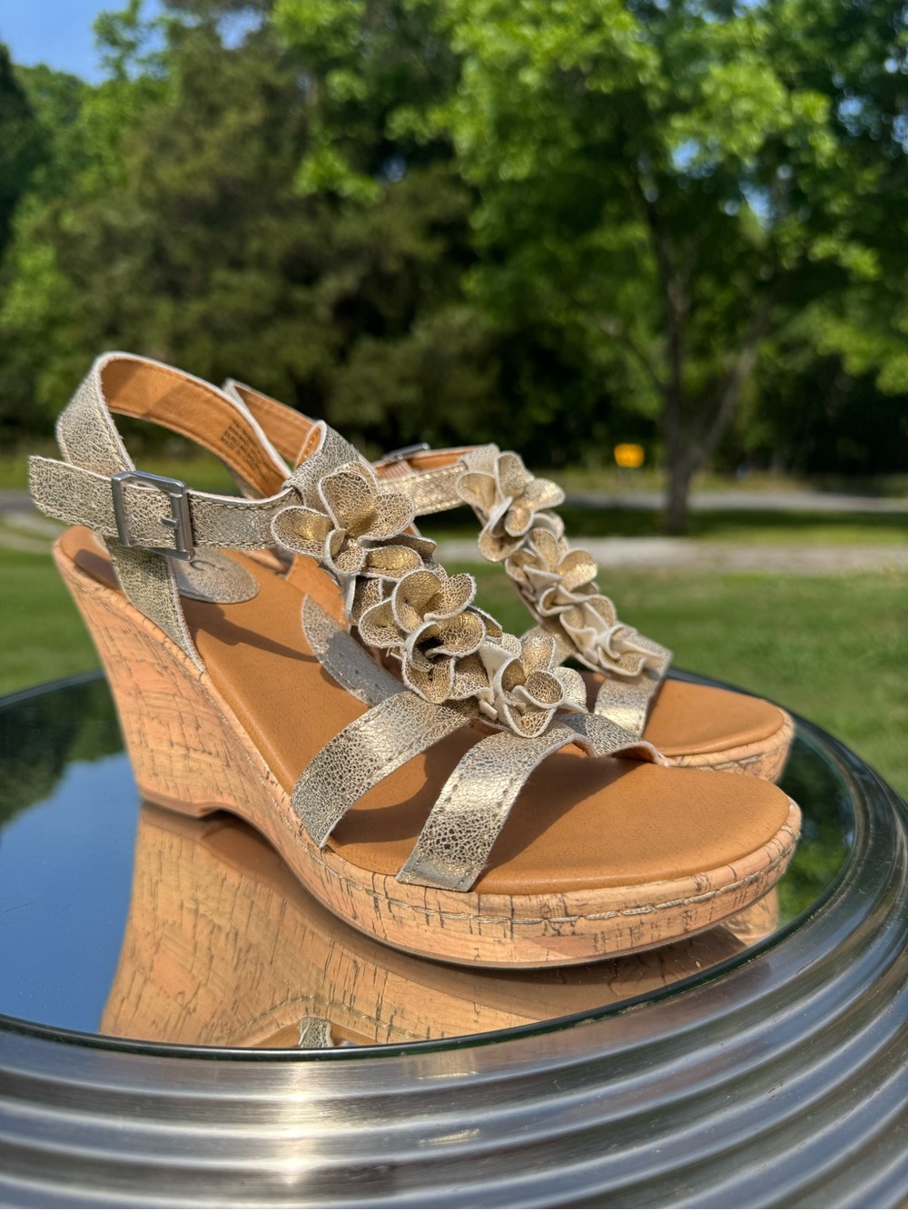 b.o.c. Gold Floral T-Strap Cork Wedge Sandals